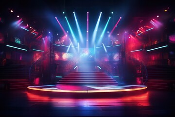 empty live concert stage with staircase music concert with pink, red and blue neon lights set design - obrazy, fototapety, plakaty