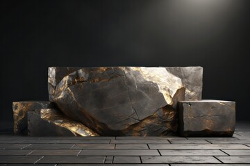pyrite mineral natural stone rectangular podium 3d rendering. Pedestal set design for product and cosmetics photography. - obrazy, fototapety, plakaty