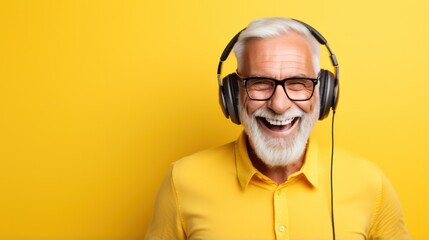 senior man smiling in headphones listening to music yellow background banner - obrazy, fototapety, plakaty