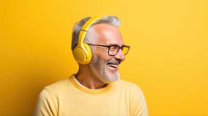 senior man in glasses laughing and smiling in headphones listening to music yellow background banner