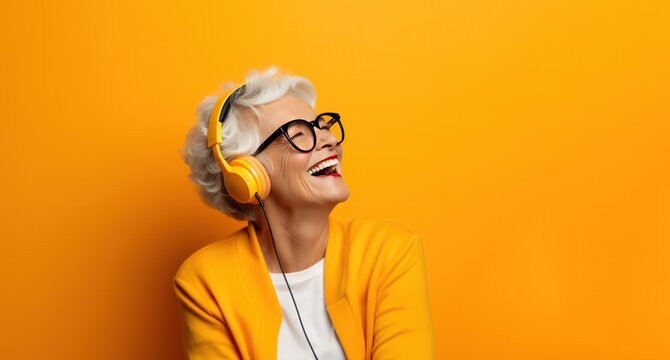 senior woman laughing in headphones listening to music orange background banner copy space right