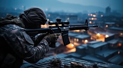 Sniper swat aiming on rooftop. - obrazy, fototapety, plakaty