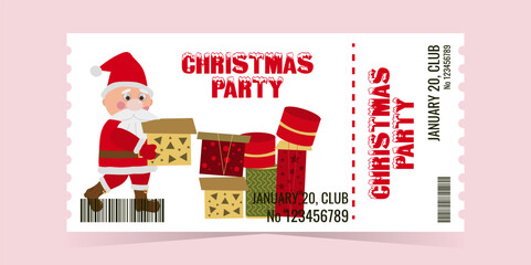 Christmas Party Ticket layout template card design. Santa Claus with gifts on a white background. Winter holiday invitation card. Vector flat illustration.