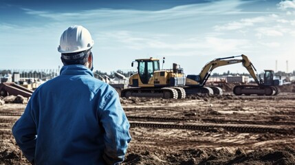 Site managers stand on privately owned construction sites, supervising, inspecting or supervising the progress of work - obrazy, fototapety, plakaty