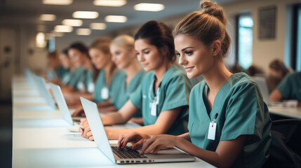 Nursing students in their uniforms is study in front of a laptop at school. - obrazy, fototapety, plakaty