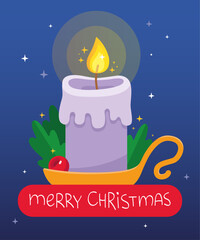 Christmas card. Burning Christmas candle in a candlestick on a blue background, green leaves and gold stars. New Year's decor. Violet candle, magic. Lettering Merry Christmas. Vector illustration.