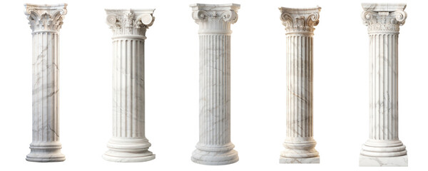 Fototapeta premium Antique White Greek pillar set. Transparent Icon Set. Architectural white columns Ionic.