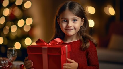 Fototapeta na wymiar Little girl looking at camera excited smile with Christmas Tree decoration in living room night light, Hispanic child hold beautiful red christmas gift standing in front of family dinner party at home