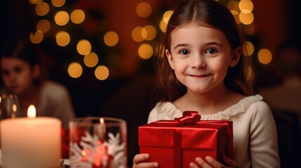 Fototapeta na wymiar Little girl looking at camera excited smile with Christmas Tree decoration in living room night light, Hispanic child hold beautiful red christmas gift standing in front of family dinner party at home