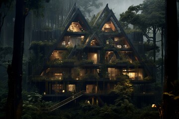 A dwelling situated amidst a dense forest. Generative AI