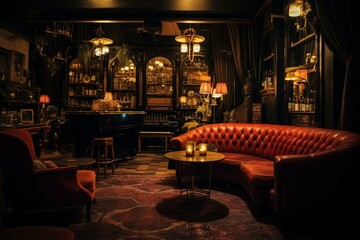 Vintage-themed underground bar with a secretive ambiance, characterized by dim lighting, cozy atmosphere, and live jazz music. Generative AI