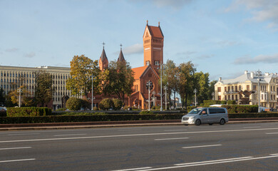 Independence Square - the central square of Minsk. Independence Square is the central square of Minsk. View of the Church of St. Simeon and St. Helena and Government House