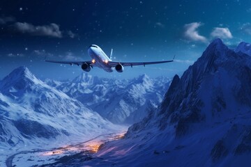 Airplane flying over snowy mountains at night. Generative AI