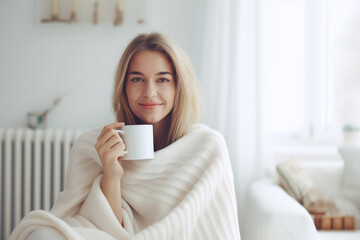 Young woman wrapped in a white blanket  holding a cup with hot drink trying to warm up in the cold apartment