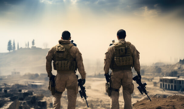 Two victorious allied well-equipped soldiers, Back view, proudly wearing digital camouflage uniforms.