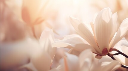 Magnolia flower background closeup with soft focus and sunlight, blurred background