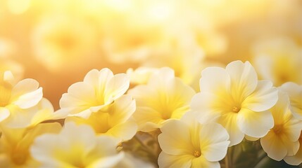 abstract Primrose flower background, closeup with soft focus and sunlight, blurred background