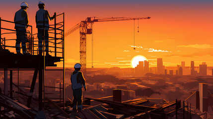 Construction workers watching sunset