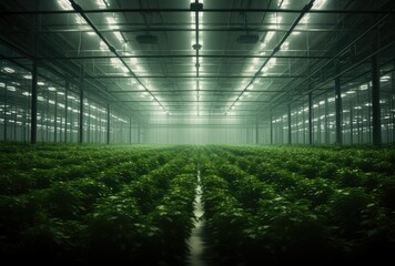 an indoor greenhouse with rows of letable plants in the foregred area