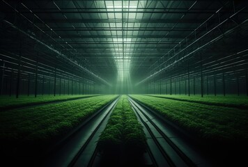 an indoor greenhouse with rows of letable plants in the foregred area