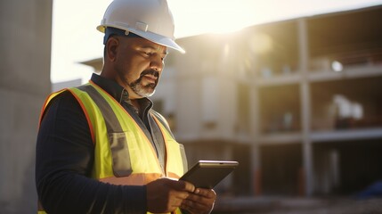Hispanic man thoughtful wearing safety reflective vest at big construction site holding modern Tablet technology searching, architect engineering middle-aged male working