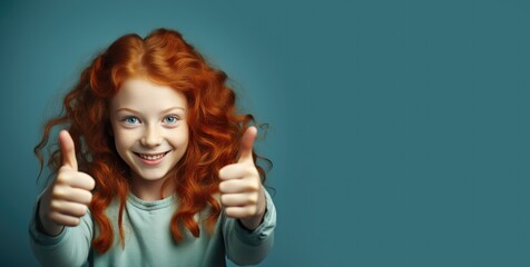 Redheaded smiling girl showing a thumbs up on a blue background with space for your text