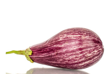One organic ripe eggplant, macro, isolated on white background.