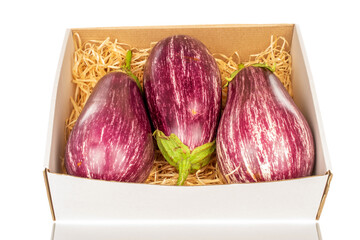 Three organic ripe eggplants in a paper box with wood shavings, macro, isolated on white background.
