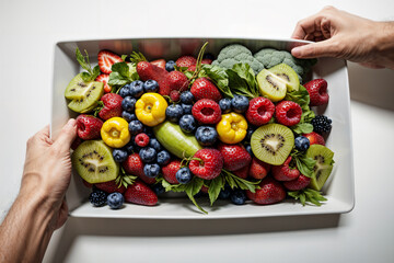 Plate of various colorful fruits held in two hands, beautifully placed on white background.