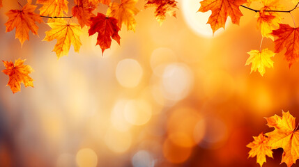 Naklejka na ściany i meble Autumn background with leaves and bokeh. Copyspace