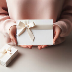 Fototapeta premium gift with silk ribbon bow holding in women's hands. ai generative