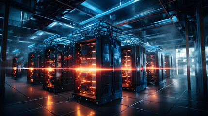 Photo of many server racks with glowing colorful lights in a server room. Technology background