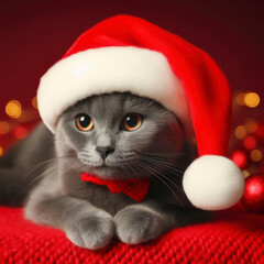 Obraz na płótnie Canvas Grey cat dressed in Santa Claus hat. ai generative