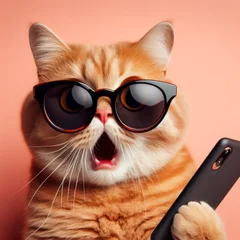 Tuinposter Shocked cat in sunglasses holding smartphone. ai generative © Igor