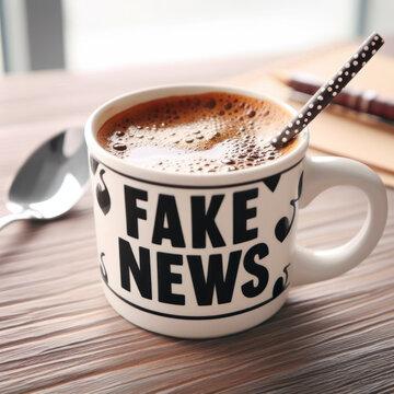 Fake News on white cup wooden table. ai generative