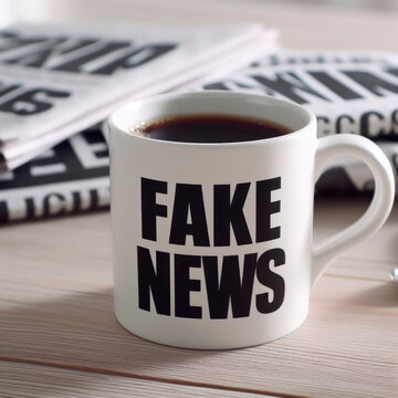 Fake News on white cup wooden table. ai generative