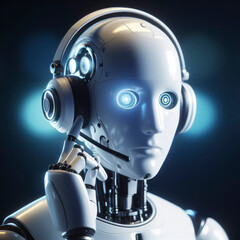Obraz na płótnie Canvas white humanoid cyborg robot in headphones and micro call center. ai generative