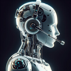 Fototapeta premium white humanoid cyborg robot in headphones and micro call center. ai generative
