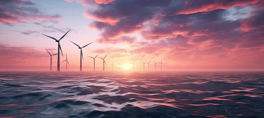 Rolgordijnen Modern Wind turbines and solar panels sunset light. © jambulart