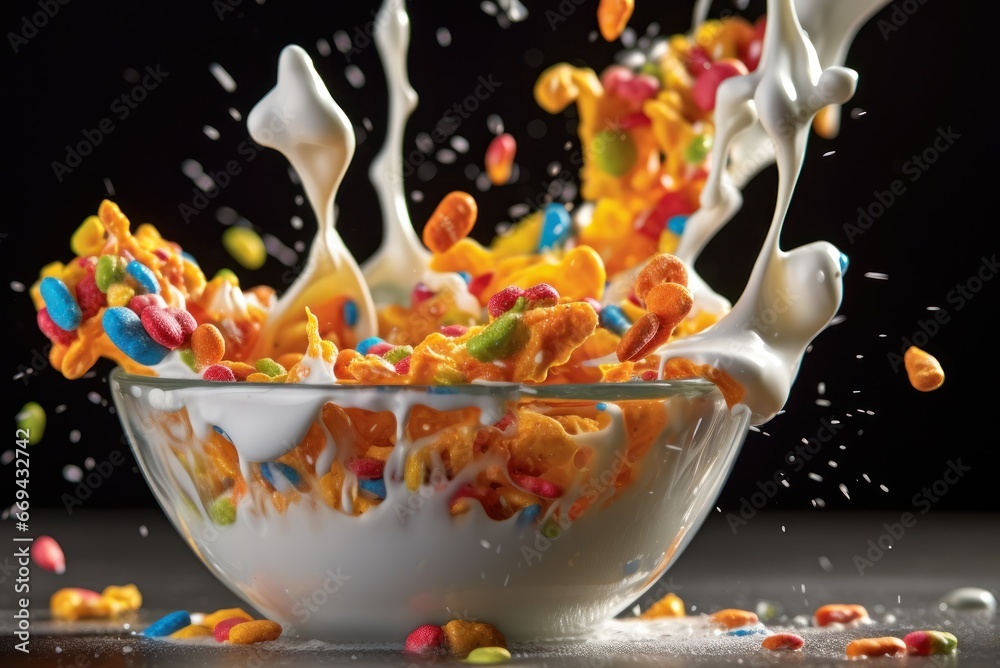 Wall mural Colorful cornflakes falling into a glass bowl with milk splash. Healthy Food concept with a copy space.