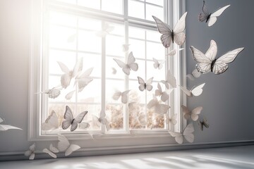 Butterflies Burst into Room, Many Butterflies in Morning Window, Abstract Generative AI Illustration