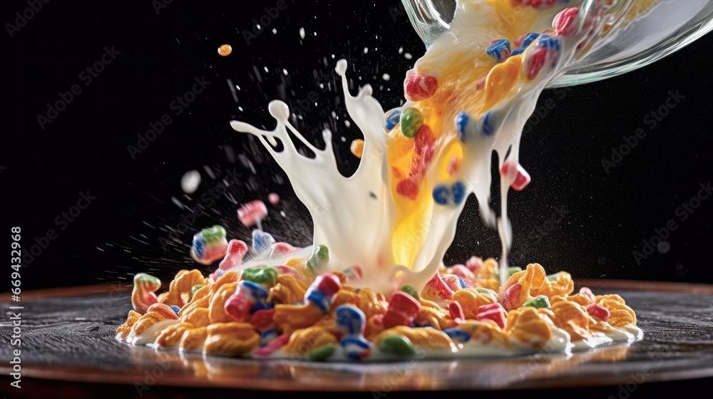 Wall mural Milk pouring into a bowl of cereal with colorful candies. Healthy Food concept with a copy space.