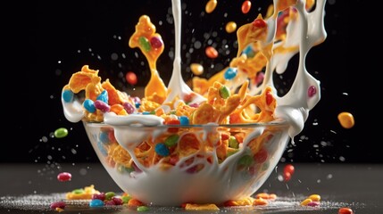 Colorful cornflakes falling into a glass bowl with milk splash. Healthy Food concept with a copy space.