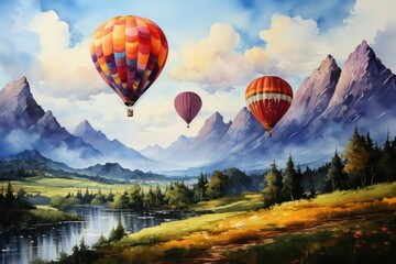 hot air balloon in the mountains