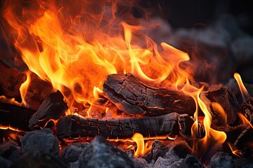 Smoldering Barbecue Charcoal Texture Background, Hot Fire Charcoal Banner, Burn Wood Grill Flame Closeup with Copy Space, Generative AI Illustration