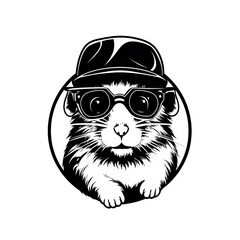 Cool Hamster Icon, Funny Animal Portrait, Hamster Hipster in Sunglasses and Hat