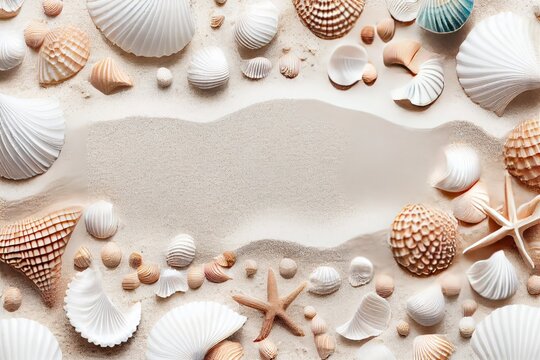 Sea Shell Texture Background, Colorful Seashell Pattern, Sea Shells on Sand, Abstract Generative AI Illustration