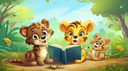 Obraz na płótnie Canvas Animals education, reading a big book in the forest landscape. Animals school in nature, studying a book friends. style vector cartoon for children 
