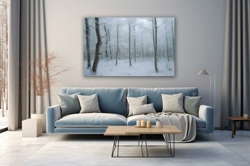 wintery painting on living room wall. Generative AI - obrazy, fototapety, plakaty