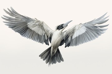 Bird with long beak and wide spread wings, in shades of grey and white, on white background. Generative AI